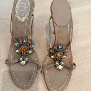 Rene Caovilla Brown Jeweled T-Strap Sandals with Blue and Amber Stones